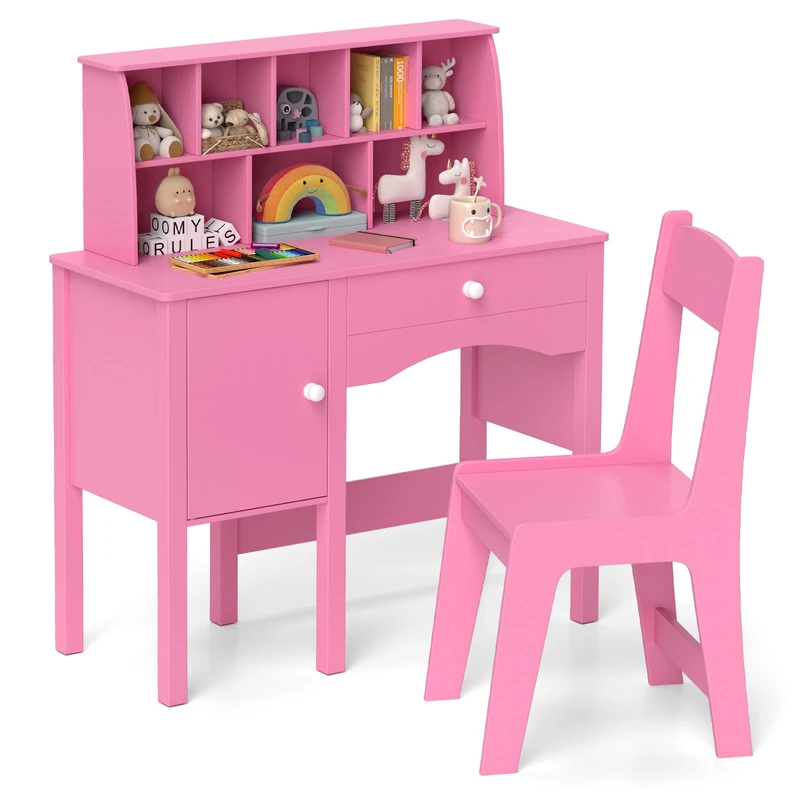 GYMAX Kids Desk and Chair Set, Children Writing Table with Drawer, Hutch and Storage Cabinet, Wooden Student Study Desk Set for Boys Girls (Pink)
