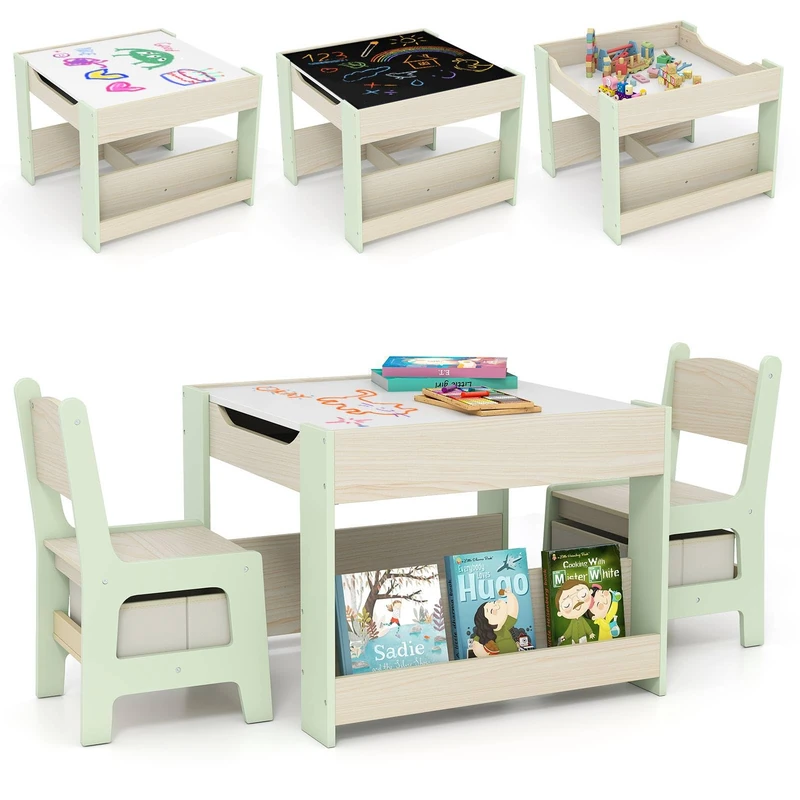 GYMAX Kids Table and Chairs Set, 4 in 1 Children Activity Desk with 2 Chairs, Reversible Tabletop, Bookshelves and Storage Bins, Wooden Toddler Table Set for Boys Girls (Green+Natural, 61x61x48cm)
