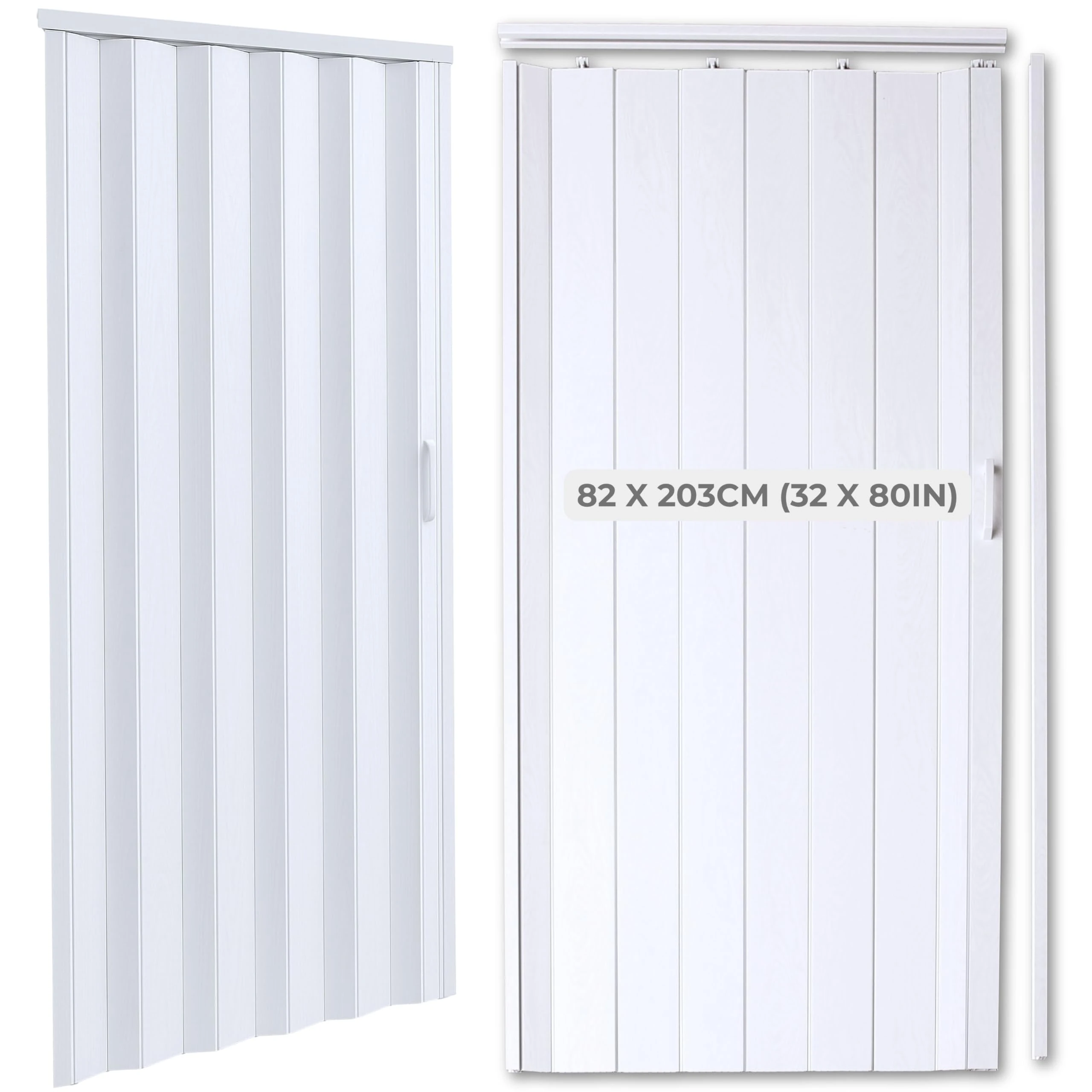 PVC Folding Door with White Wood Effect 82 x 203cm (32 x 80in) – Magnetic Closure & Easy-Grip Handle – Space-Saving Internal Concertina Door Foldable – Plastic Foldable Sliding Accordion Panels