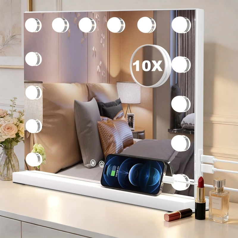 SURFOU 50 x 42cm Vanity Mirror Hollywood Mirror with Lights, LED Makeup Mirror, 3 Color Modes & Adjustable Brightness, Wall Mount or Tabletop with 10X Magnification, LED Bulbs, Touch Control, White