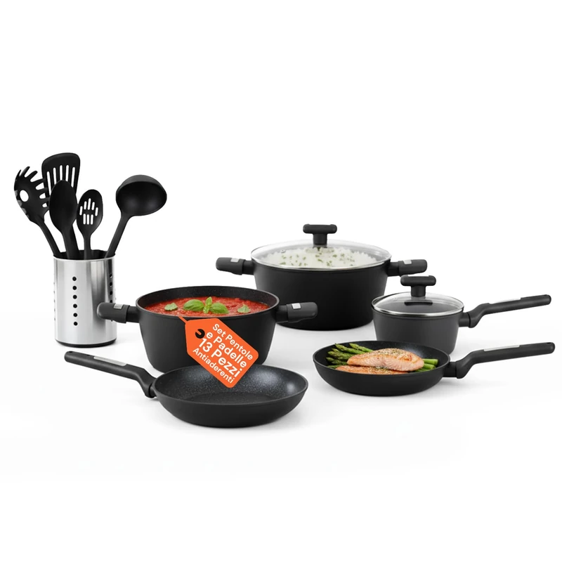Avilia Set of 13 Non-Stick Cookware and Pans – Complete Aluminium Induction and Gas Cooking Set – Tempered Glass Lids and Ergonomic Handles – Elegant Black – PFOA Free - Image 1