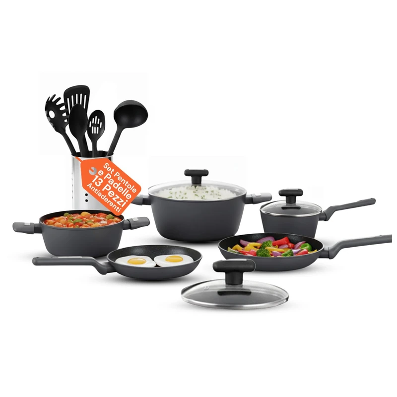 Avilia - Set of 13 Non-Stick Pots and Pans for Induction, Gas and Electric - Aluminium with Tempered Glass Lids and Ergonomic Handles - Healthy Cooking Without PFOA