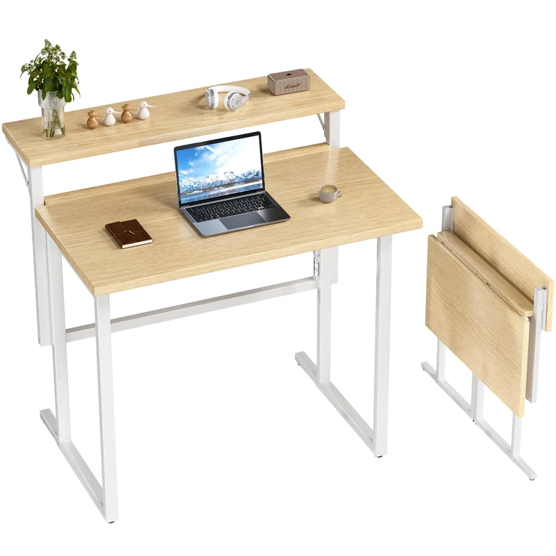 JUMMICO Foldable Desk,Small Desk with Monitor Shelf,2-Tier Folding Table for Home, Office, School, Computer Desk for Small Space,Oak