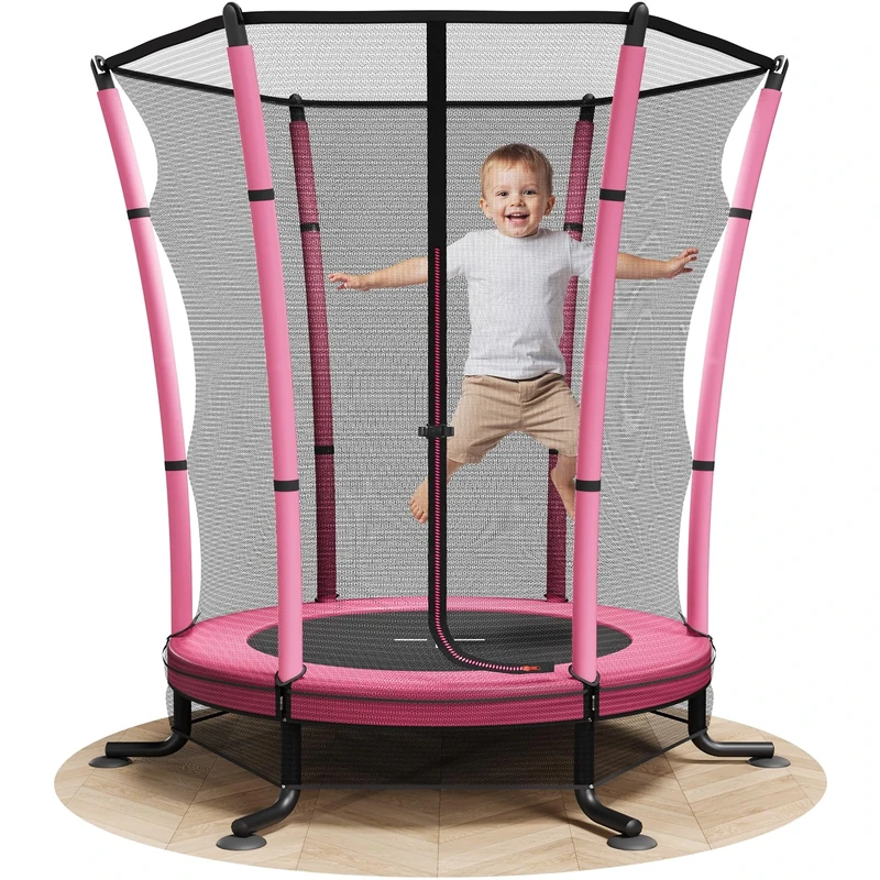 JUMMICO 55’’ Toddler Trampoline with Enclosure Net Indoor Outdoor Kids Trampoline for Children Age 3-10 Safety Net, Integrated Mat & Anti-Slip Base (140cm x 180cm)