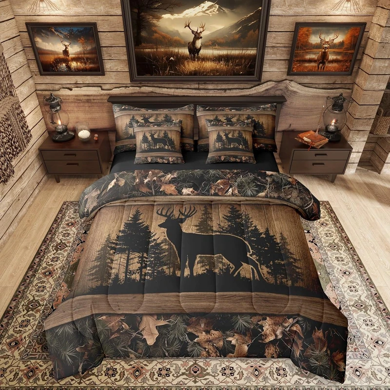 Erosebridal 7 Piece Farmhouse Deer King Bed in A Bag Camo Woodland Hunting Comforter Set with Sheets | for Kids Boys Teen Men,Rustic Cabin Bed in A Bag Wildlife Animal Print Bed Set Country Decor