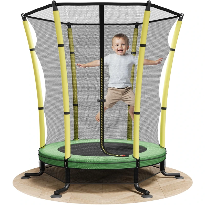 JUMMICO 55’’ Toddler Trampoline with Enclosure Net Indoor Outdoor Kids Trampoline for Children Age 3-10 Safety Net, Integrated Mat & Anti-Slip Base (140cm x 180cm)