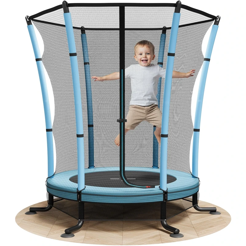JUMMICO 55’’ Toddler Trampoline with Enclosure Net Indoor Outdoor Kids Trampoline for Children Age 3-10 Safety Net, Integrated Mat & Anti-Slip Base (140cm x 180cm)