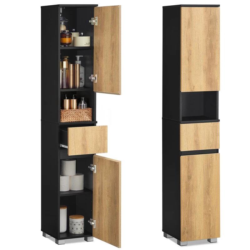 VASAGLE Tall Bathroom Cabinet, Slim Storage Cabinet, Narrow Cupboard, Bathroom Storage Unit, with a Drawer, Adjustable Shelves, 30 x 30 x 170.2 cm, Ink Black and Natural Brown BBK560BC01