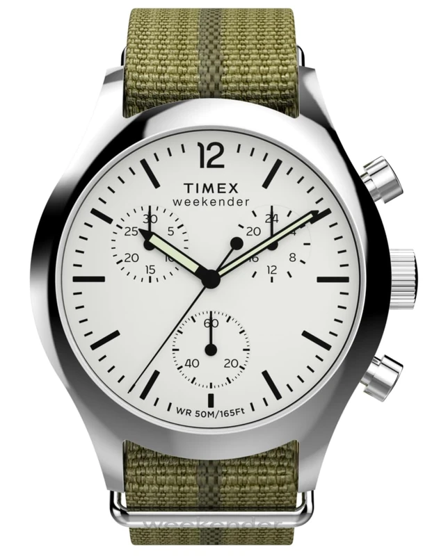 Timex Men's Weekender New England Chronograph 40 mm Watch - Green Eco-Conscious Fabric Strap with White Dial TW2Y15700