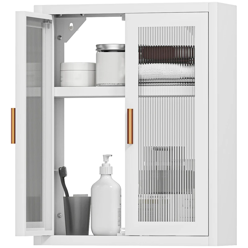 HOMCOM Metal Bathroom Wall Cabinet, 40 x 14 x 50 cm, Hanging Storage Unit with 2 Acrylic Fluted Doors and Adjustable Shelf, Metal Hanging Toilet Cabinet, White