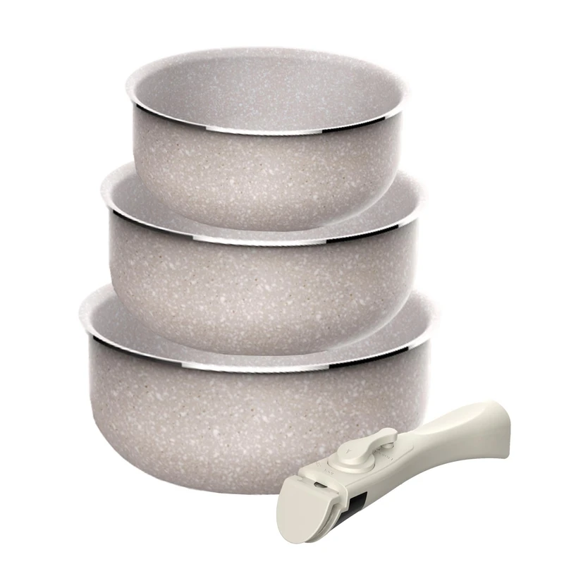 Set of 3 saucepans Ø16Ø18Ø20cm in Pressed Aluminium with ILAG Coating + Click&Cook Removable Handle, Induction Safe, Non-Stick, PFOA Free, Dishwasher and Oven Safe