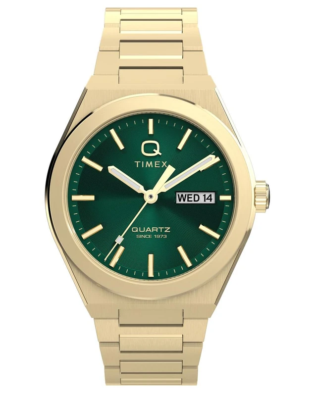 Timex Men's Q Continental Day and Date 39 mm Quartz Watch - Gold-Tone Stainless Steel Bracelet with Green Dial TW2Y35100