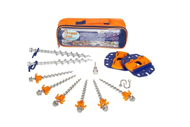 Peggy Peg HeavyDuty Awning Attachment Set with Fix&Go Anchor Plates 2.0 & Stainless Steel Screw Pegs - Floor Bracket for Fixing Awning Feet When Camping - For Extremely Hard & Soft Floors