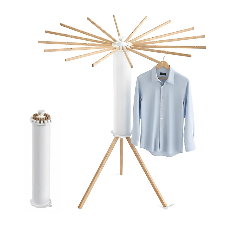 Relaxdays collapsible clothes airer, 16 drying rods, HxD 121 x 112 cm, balcony & camping, wooden rack, white/natural