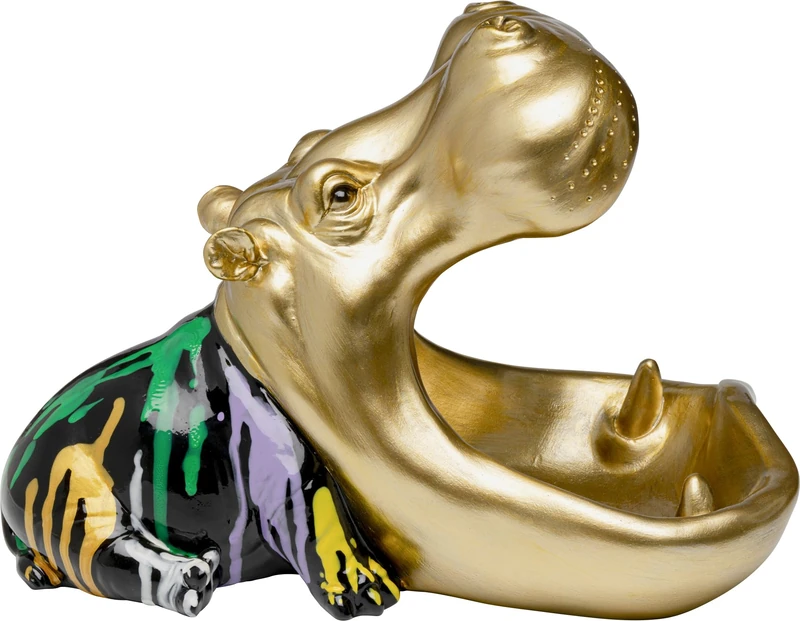 Kare Design Deco Figurine Hungry Hippo, Gold/Multicolor, 17x24x27, Animal Motif, Decorative Object, Playful Funny Hippo Motif for Shelf Accent, Living Room, Bedroom