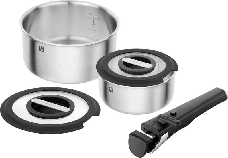 ZWILLING Unlock 5-Piece Saucepan Set (20 + 16 cm, Handle, 2 Glass Lids), Stackable, Removable Handle, 18/10 Stainless Steel, Suitable for All Hobs Including Induction