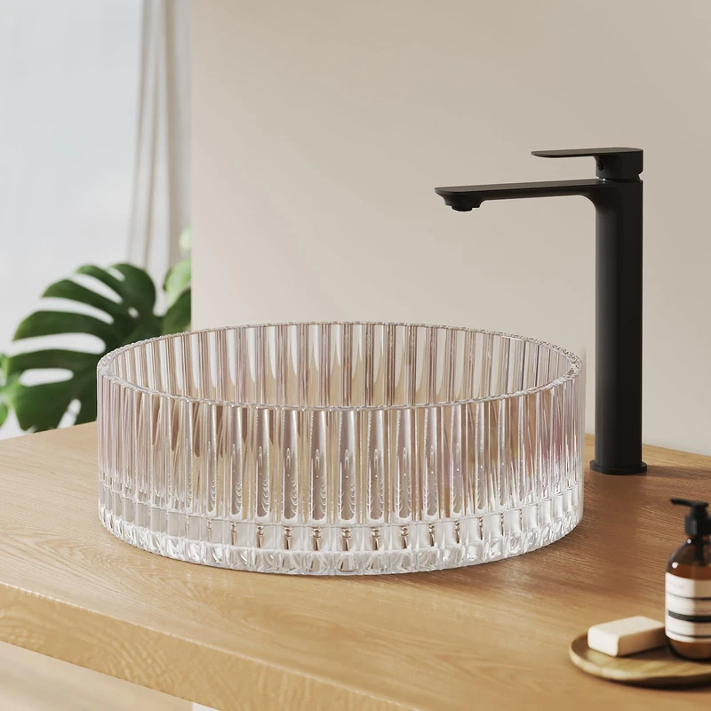 EMKE Glass Countertop Washbasin, Round, 40.0 × 40.0 × 12.0 cm, Design Glass Sink Large Volume for Bathroom & Guest Toilet, Washbasin Hand Wash Basin Without Tap Hole, Rainbow
