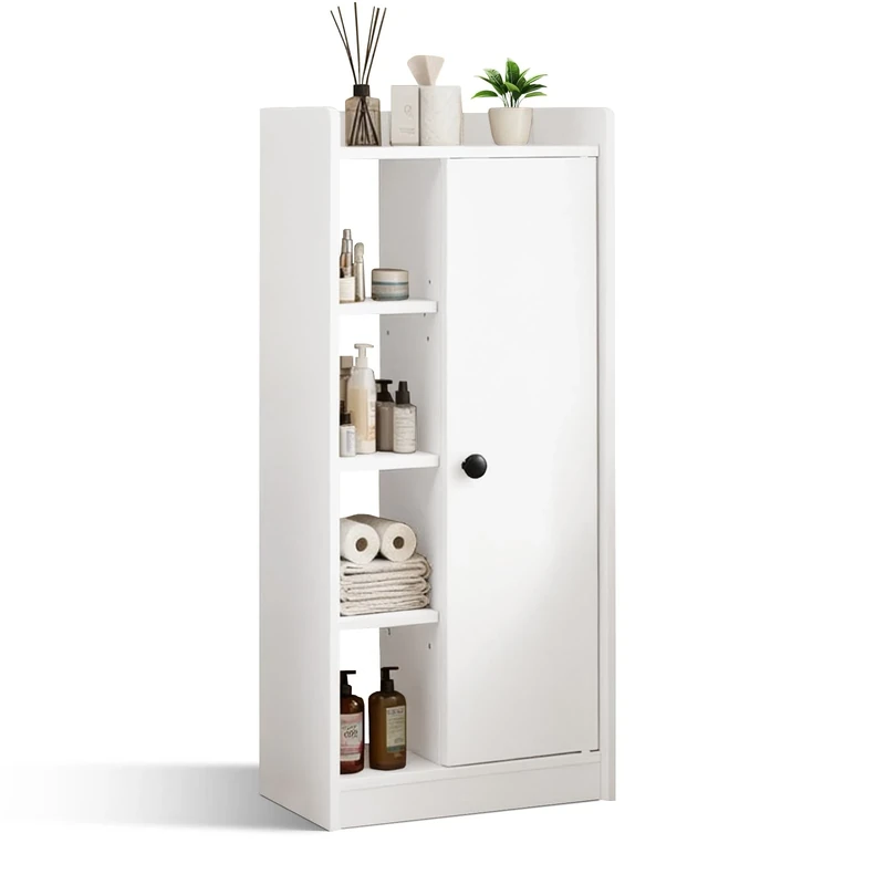 Feonase Bathroom Storage Cabinet, Slim Bathroom Storage Unit with 4 Open Storage Shelves, Adjustable Shelf & Magnetic Door, Bathroom Cabinets Free Standing For Small Space, White