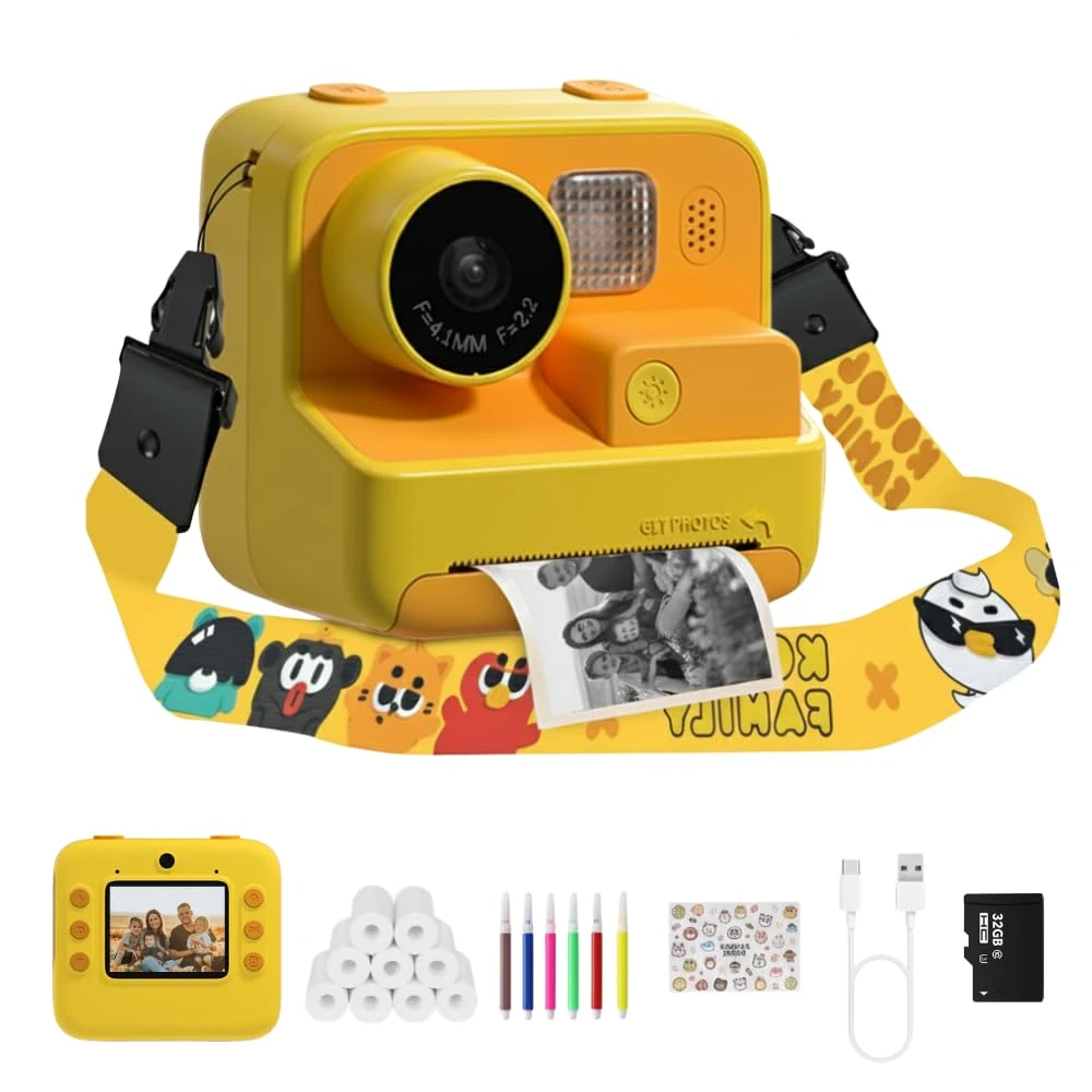 Kids Kam The OG Instant Print Camera, 48MP Kids Digital Camera for Girls Boys Birthday with 32GB TF Card, 3 Rolls of Printing Paper, 6 Colour Pens (Yellow + 9 Rolls)