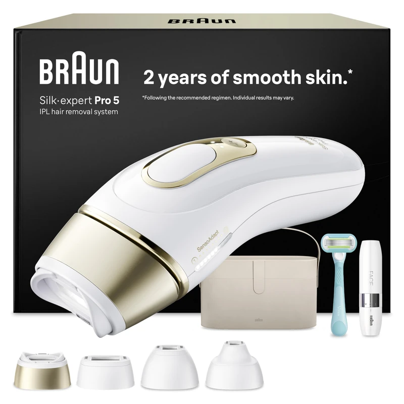 Braun IPL Silk·Expert Pro 5, at Home Laser Hair Removal, Permanent Hair Reduction, with Vanity Case, Mini Face Hair Remover, Venus Razor, 4 Attachment Heads, PL5442