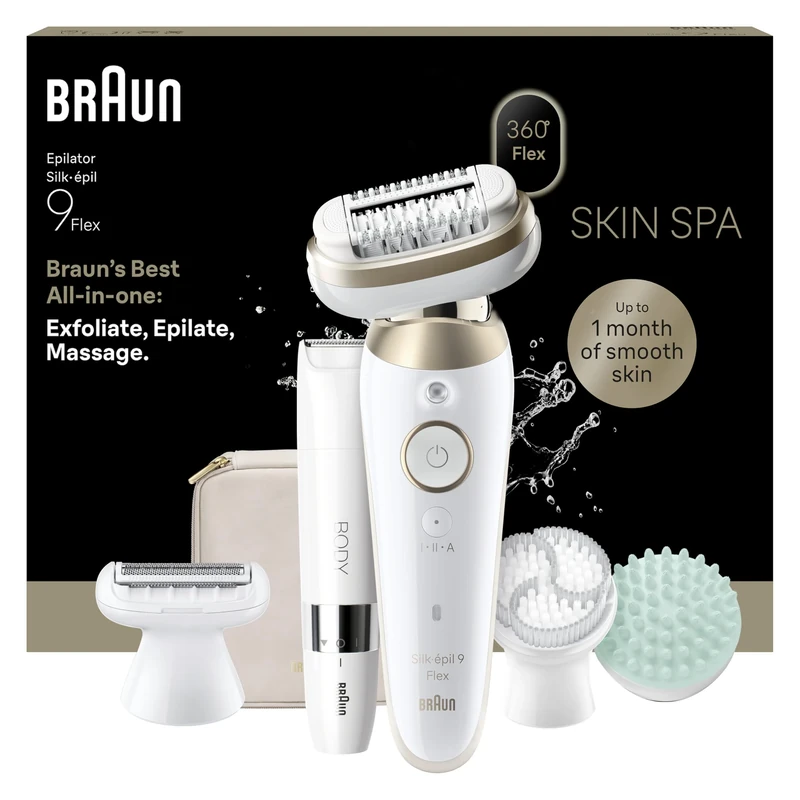Braun Silk·épil 9 Flex SkinSpa, All-in-One Set, Epilator with 360° Flexible Head for Easy Hair Removal, Wet & Dry, Lasting Smooth Skin, Includes Body Trimmer, 9-481 3D, Gold