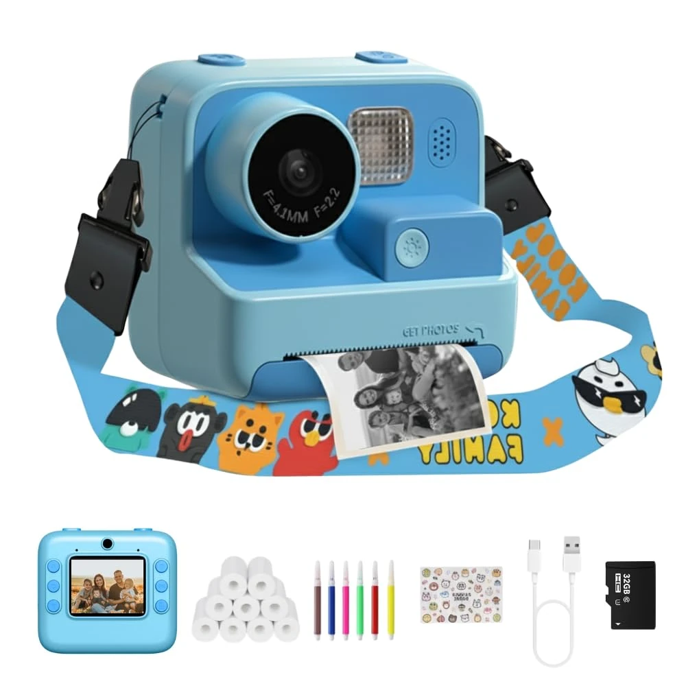 Kids Kam The OG Instant Print Camera, 48MP Kids Digital Camera for Girls Boys Birthday with 32GB TF Card, 3 Rolls of Printing Paper, 6 Colour Pens (Blue + 9 Rolls)