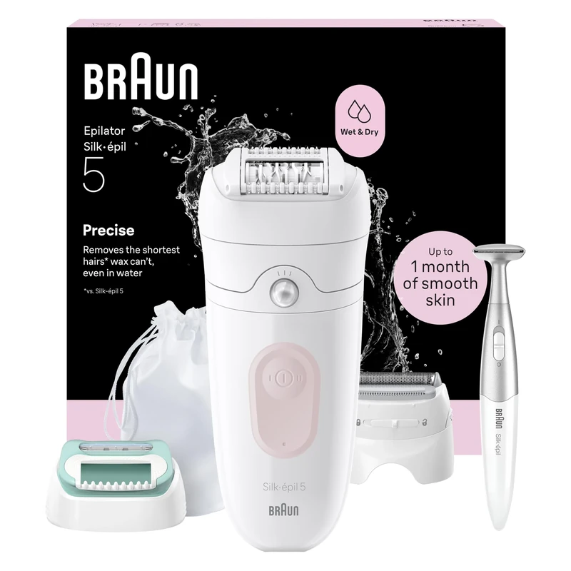 Braun Silk·épil 5, Wet & Dry Epilator, Easy Hair Removal, Lasting Smooth Skin, Includes Shaver Head, Trimmer Comb, Beginner Cap and Bikini Trimmer, 5-251, Flamingo Pink
