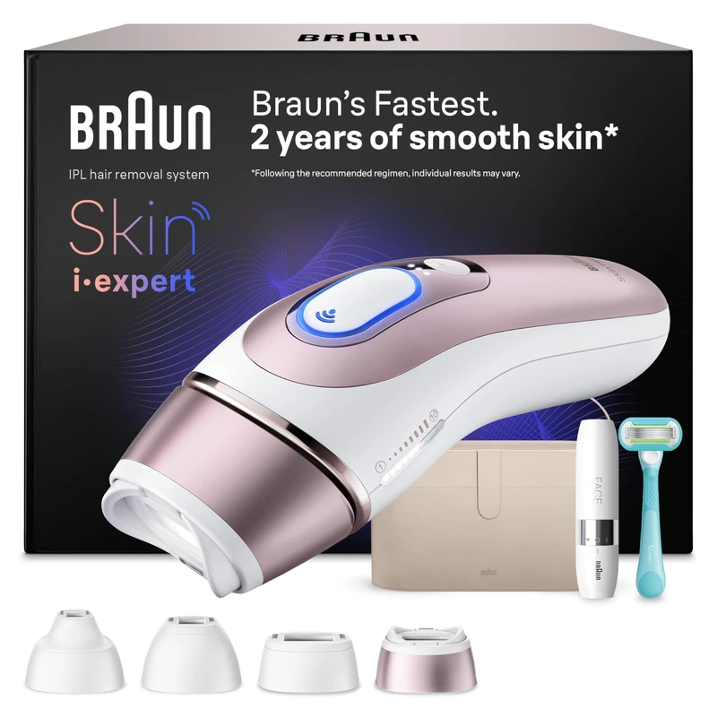 Braun Smart IPL Skin i·Expert, at Home Laser Hair Removal, Permanent Hair Reduction, with Free App, Vanity Case, Mini Face Hair Remover, Venus Razor, 4 Smart Heads, PL7442