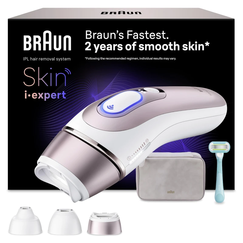 Braun Smart IPL Skin i·Expert, at Home Laser Hair Removal, Permanent Hair Reduction, with Free App, Pouch, Venus Razor, 3 Smart Heads, PL7321