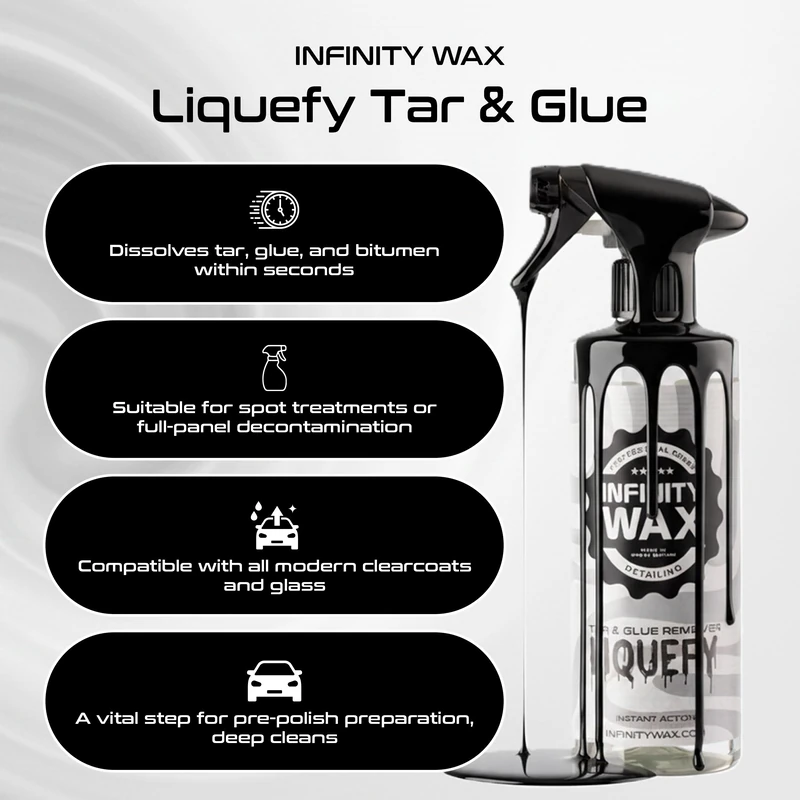 Infinity Wax Liquefy Tar & Glue Remover 20L Commercial-Grade Solvent-Based Adhesive & Tar Remover for Cars, Paint & Glass Safe High-Volume Decontamination for Detailers & Trade