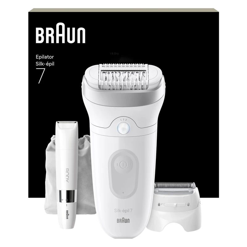 Braun Silk·épil 7, Epilator with Wide Head for Easy Hair Removal, Wet & Dry, Lasting Smooth Skin, Includes Shaver Head, Trimmer Comb and Mini Body Trimmer, 7-441, Silver