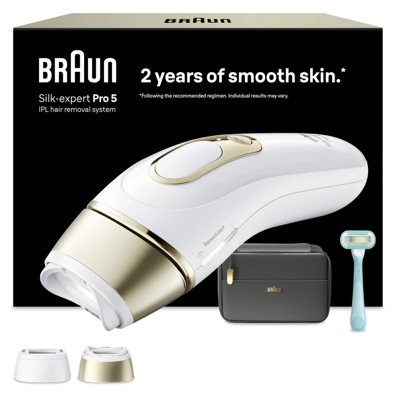 Braun Smart IPL Silk·Expert Pro 5, at Home Laser Hair Removal, Permanent Hair Reduction, with Pouch, Venus Razor, 2 Attachment Heads, PL5251