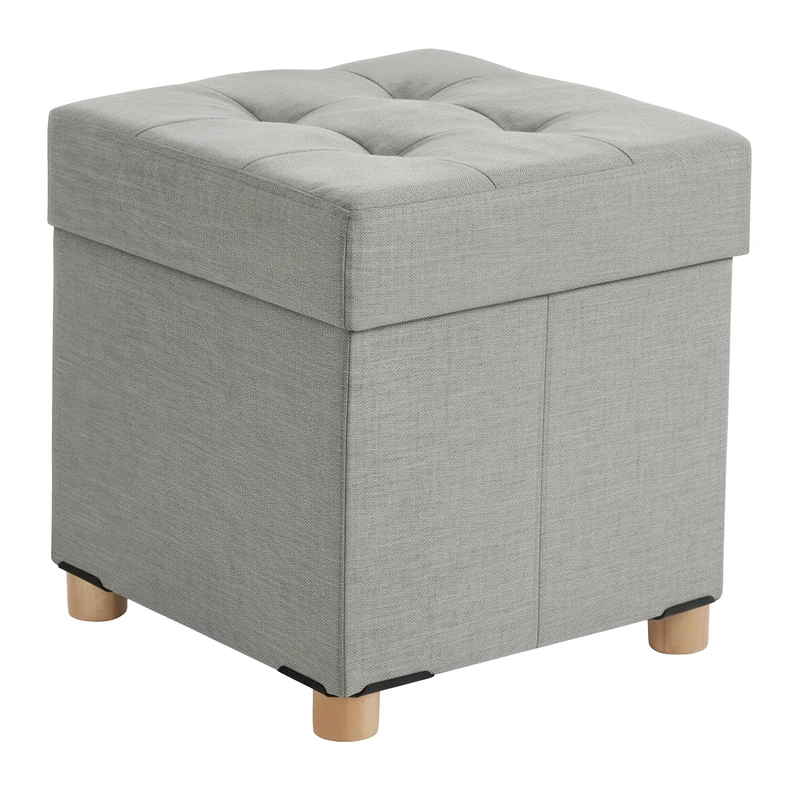Relaxdays storage stool, upholstered, HxWxD: 38 x 38 x 38 cm, linen effect, wooden legs, square footrest, light grey