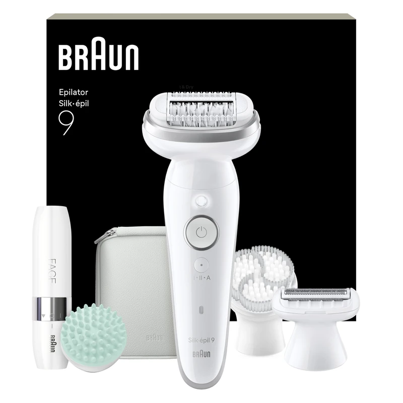 Braun Silk·épil 9 SkinSpa, All-in-One Set, Epilator with Pivoting Head for Easy Hair Removal, Wet & Dry, Lasting Smooth Skin, Includes Exfoliation Brush, Massage Pad, Shaver Head, Trimmer Comb
