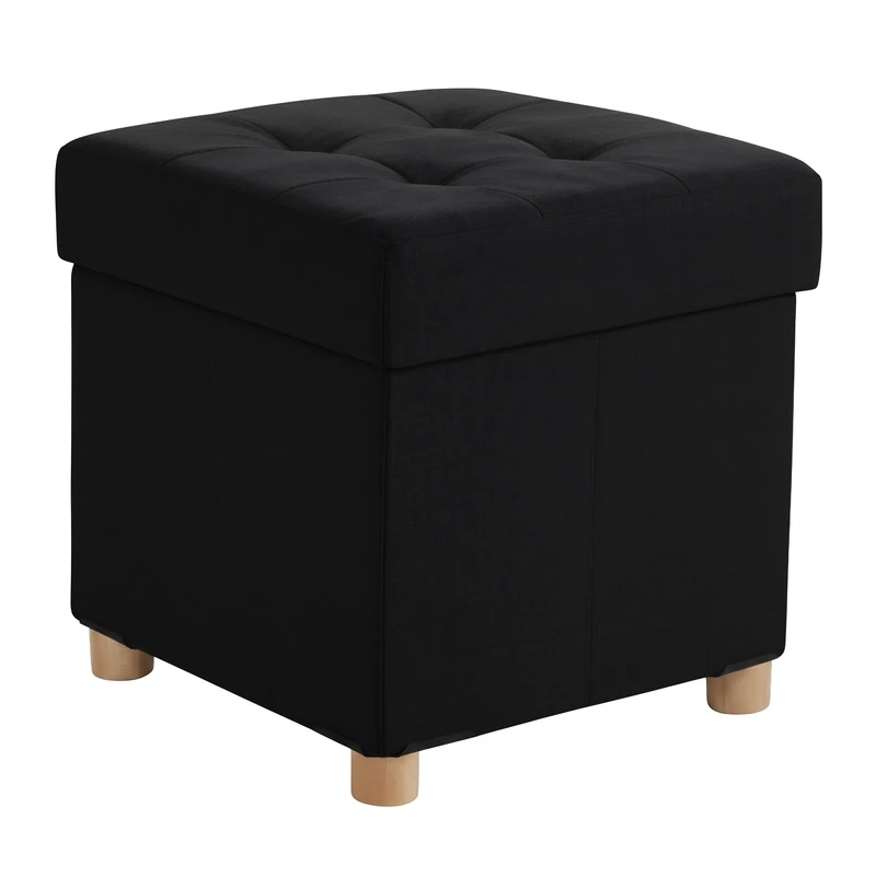 Relaxdays storage stool, upholstered, HxWxD: 38 x 38 x 38 cm, linen effect, wooden legs, square design, black