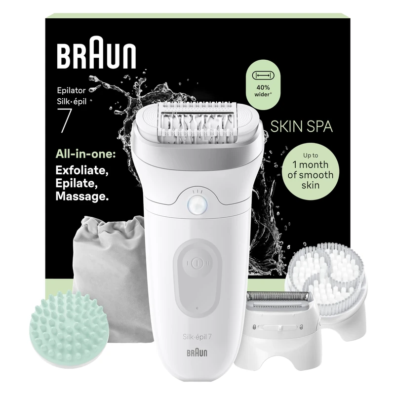 Braun Silk·épil 7 SkinSpa, All-in-One Set, Epilator with Wide Head for Easy Hair Removal, Wet & Dry, Lasting Smooth Skin, Includes Massage Pad, Shaver Head and Trimmer Comb, 7-081, Silver