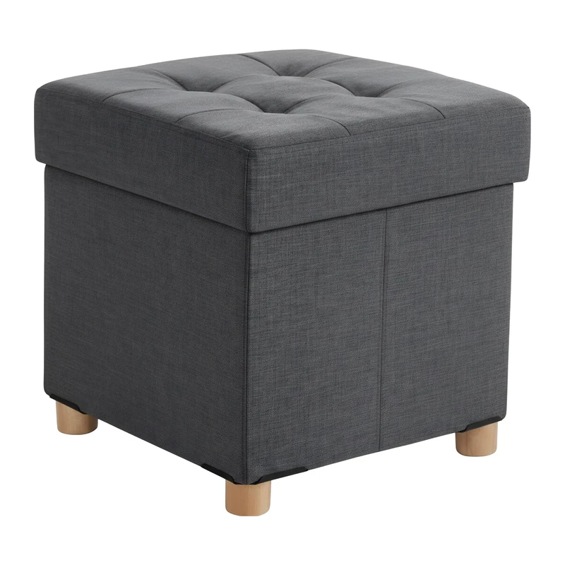 Relaxdays storage stool, upholstered, HxWxD: 38 x 38 x 38 cm, linen effect, wooden legs, square footstool, dark grey