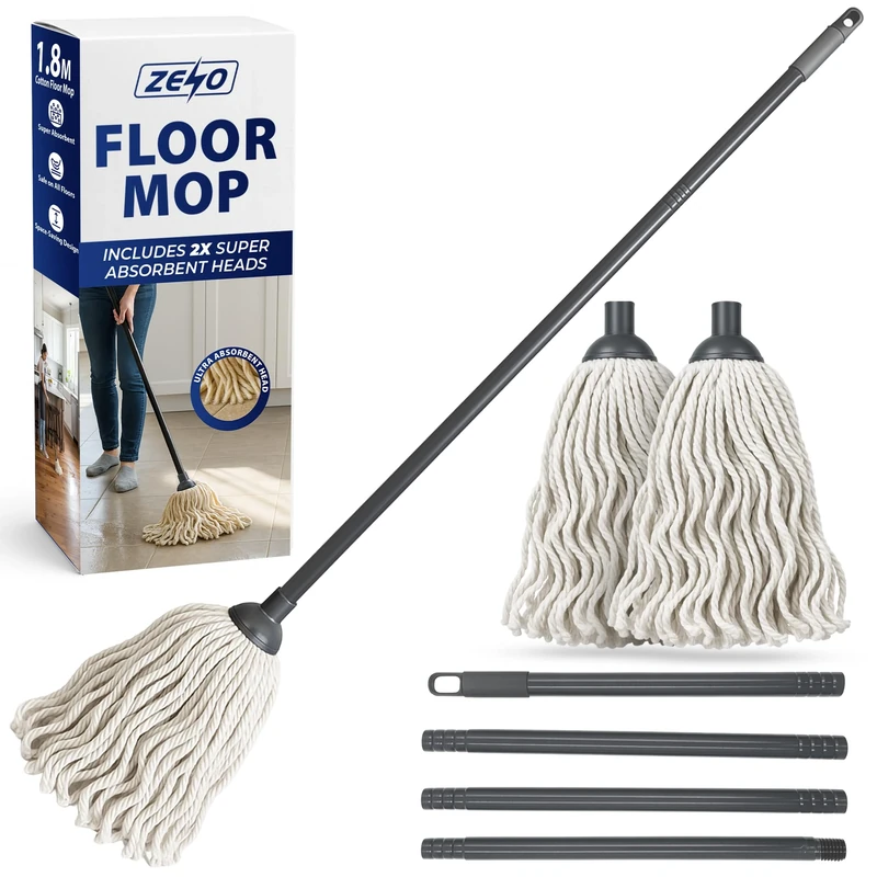 ZENO Cotton Floor Mop 150CM | Mop with 2 Ultra Absorbent Heads & Metal Pole Handle | Mops for Cleaning Floors, Kitchen, Office, Bedroom | Easy Twist & Lock Assembly | Ultra Absorbent Cotton Head