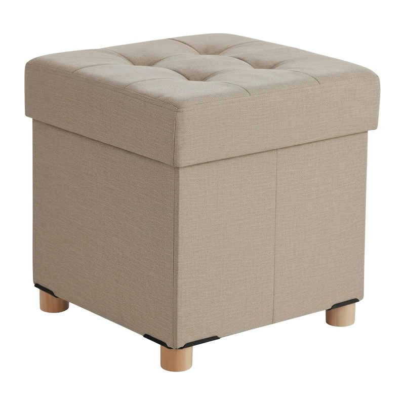 Relaxdays storage stool, upholstered, HxWxD: 38 x 38 x 38 cm, linen effect, wooden legs, square pouffe, beige