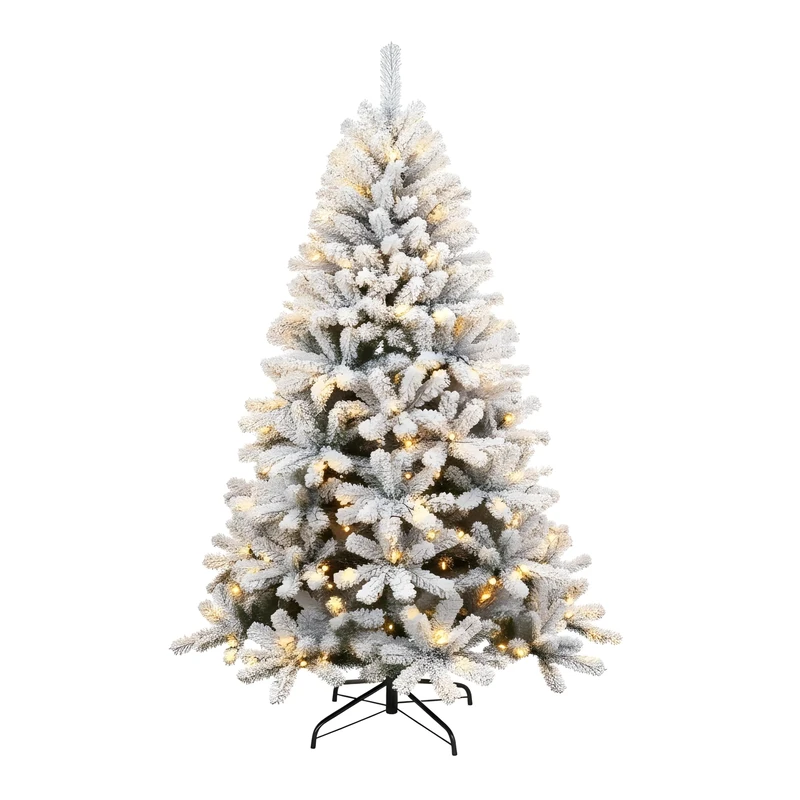5Ft/1.5m Pre-Lit Yukon Snow Pine Artificial Green Christmas Tree Snow Flocked 350 Tips Branches Snowy Bushy Xmas Home Decorations, with 130 Warm White LEDs, Metal Stand