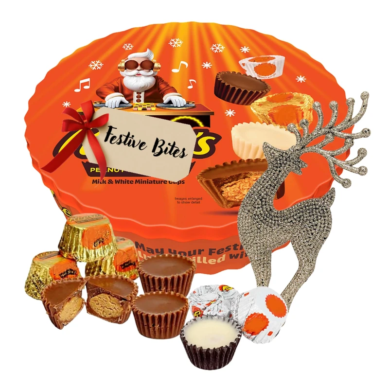 Peanut Butter Mini Cup Chocolates - Milk & White Approx 34 Individually Wrapped Chocolates Cups with Peanut Butter Filling & Reindeer Decoration for Stocking Fillers, Christmas Gifts for Women