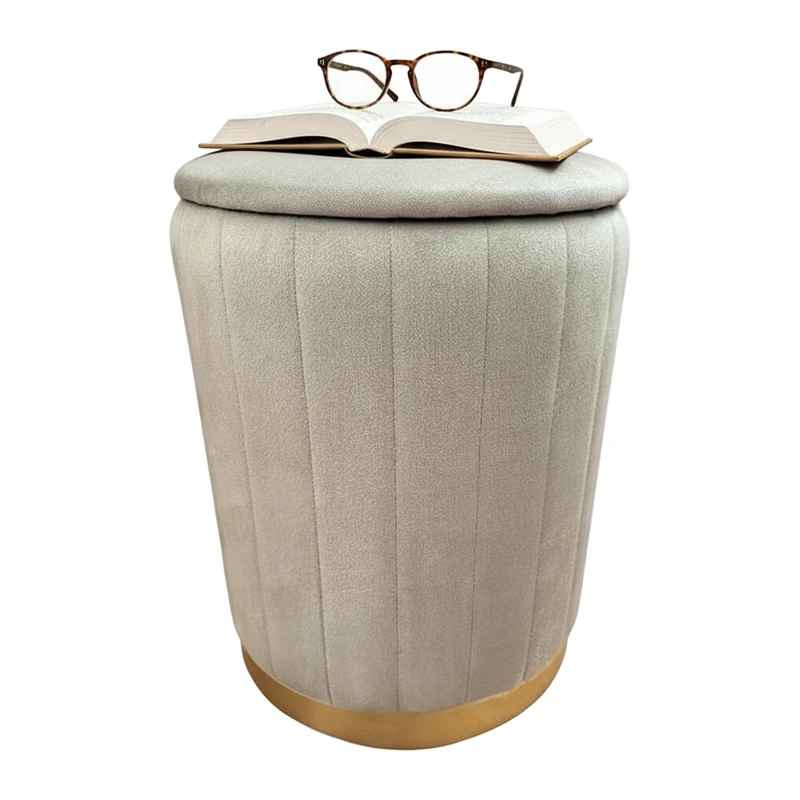 Relaxdays Velvet Stool, Padded Storage Stool, HxD: 42 x 32 cm, Round Side Ottoman, Living Room, Light Grey