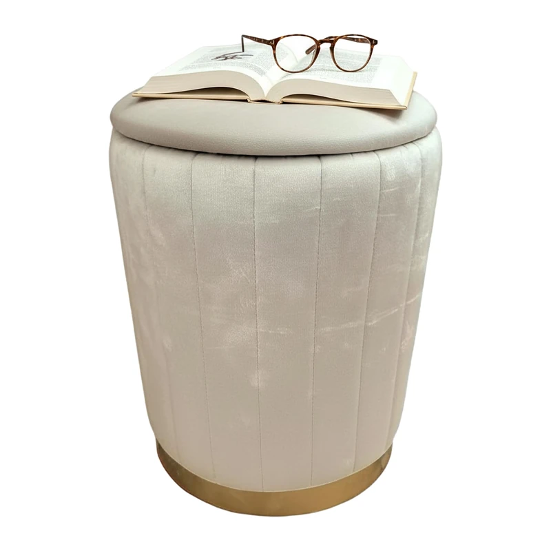 Relaxdays Velvet Stool, Upholstered Storage Stool, HxD: 42 x 32 cm, Round Ottoman, Living Room, Beige