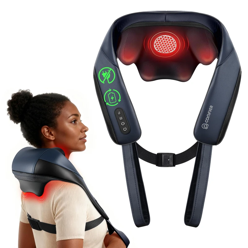 COMFIER Shiatsu Neck Massager with Heat, Cordless Neck and Shoulder Massager for Pain Relief Deep Tissue, Graphene Heating, 4D Kneading Back Massage Pillow, Rechargeable Massager