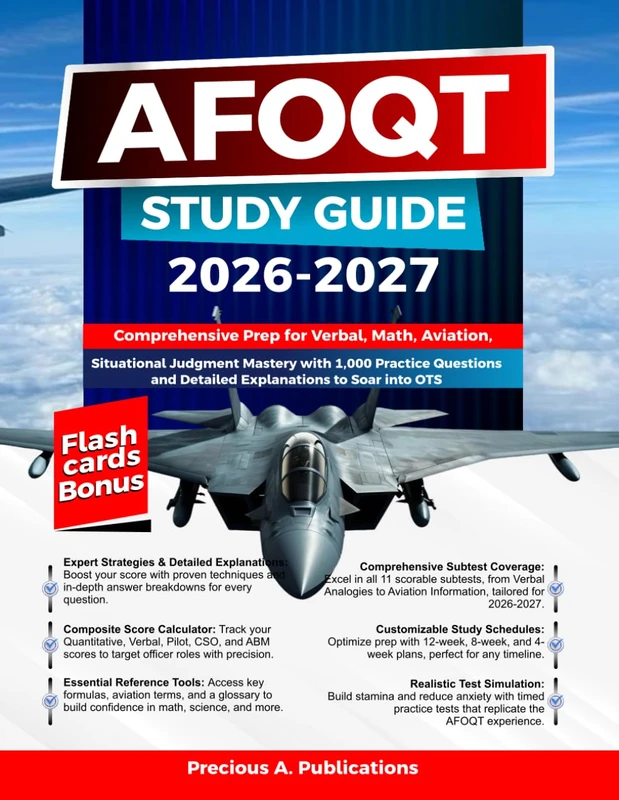 AFOQT Study Guide 2026-2027: Comprehensive Prep for Verbal, Math, Aviation, and Situational Judgment Mastery with 1,000 Practice Questions and Detailed Explanations to Soar into OTS
