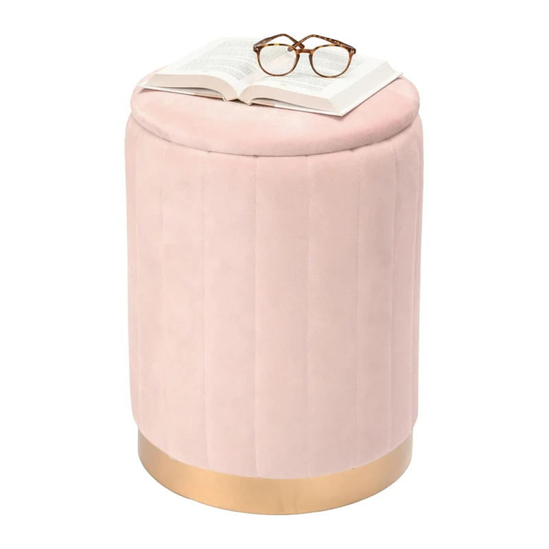 Relaxdays Velvet Stool, Storage Ottoman, Upholstered, HxD: 42 x 32 cm, Round Pouffe, Living Room, Old Rose
