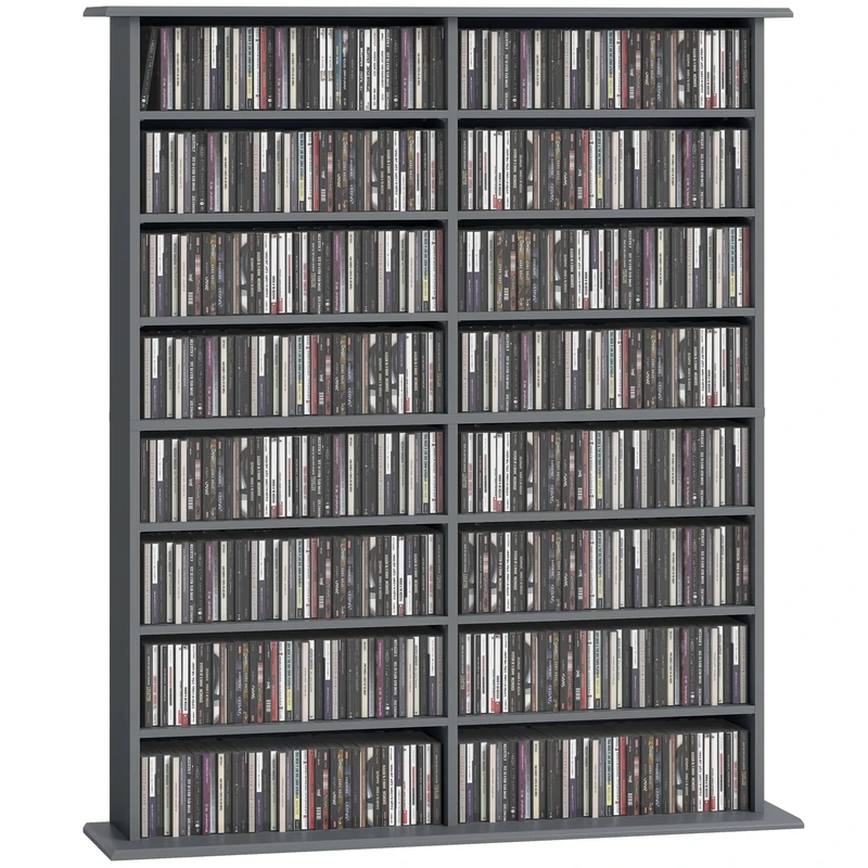 HOMCOM 720 CD/396 DVD Storage Unit, 396 Blu-ray Media Storage Shelf with 16 Compartments and 12 Adjustable Shelves, CD Tower for Living Room, Bedroom, Office, Grey