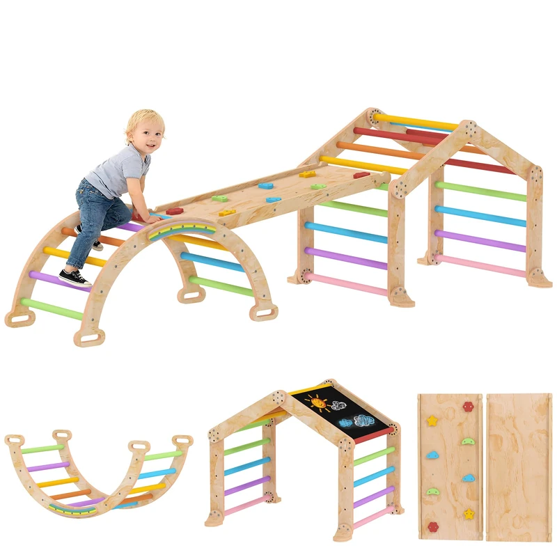 AIYAPLAY Climbing Frame for Toddlers Indoor Climbing Frame, 9 in 1 Wooden Baby Indoor Playground with Ramp, Slide, Arch, Ladder, Blackboard, Play Jungle Gym Climber for Kids 1.5-4 Years Old