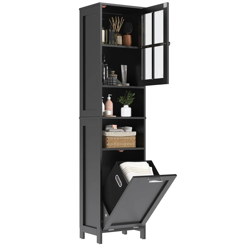 GoaHi 67.5" Tall Bathroom Storage Cabinet 40×30×171.5 cm– Slim Freestanding Cupboard with Laundry Basket, Clear Acrylic Door & 2 Open Shelves for Small Bathroom, Laundry Room, Hallway Black