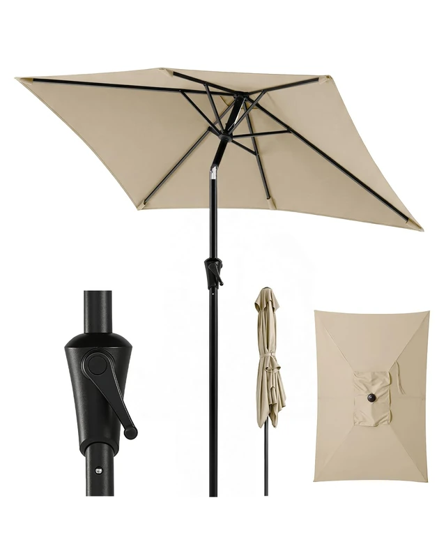 Sunula Rectangular Parasol, Garden Umbrella, Patio Umbrella with Crank System, 38 mm Steel Tube & 12 x 18 mm Oval Struts, Market Umbrella, Sun Protection for Balcony, Garden, taupe, 210 × 140 cm